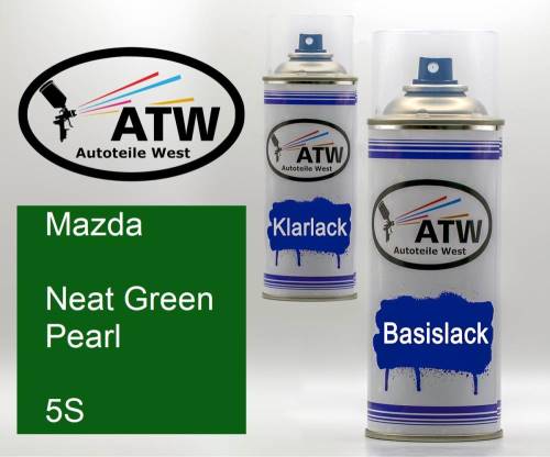 Mazda, Neat Green Pearl, 5S: 400ml Sprühdose + 400ml Klarlack - Set, von ATW Autoteile West.